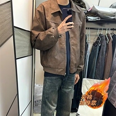 美式复古棕色翻领皮衣夹克外套男女夹棉高级感麂皮情侣款夹克潮，男装夹克，星座506A