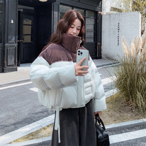 灯芯绒撞色拼接羽绒服女2025年冬季新款小个子保暖厚实白鸭绒外套图片