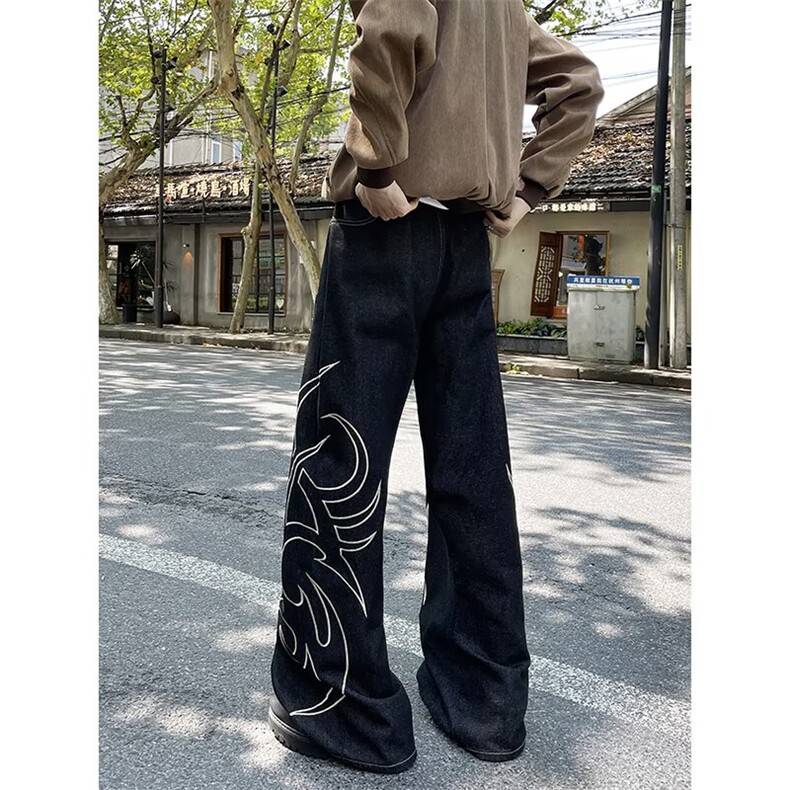 港风复古明线印花牛仔裤街头风宽松阔腿工装裤1001-1-AF717-P75,男装牛仔裤,星座1001-1