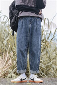 2021秋季新港风大码男加绒加厚直筒大裤脚阔腿裤牛仔裤N81311-P60图片