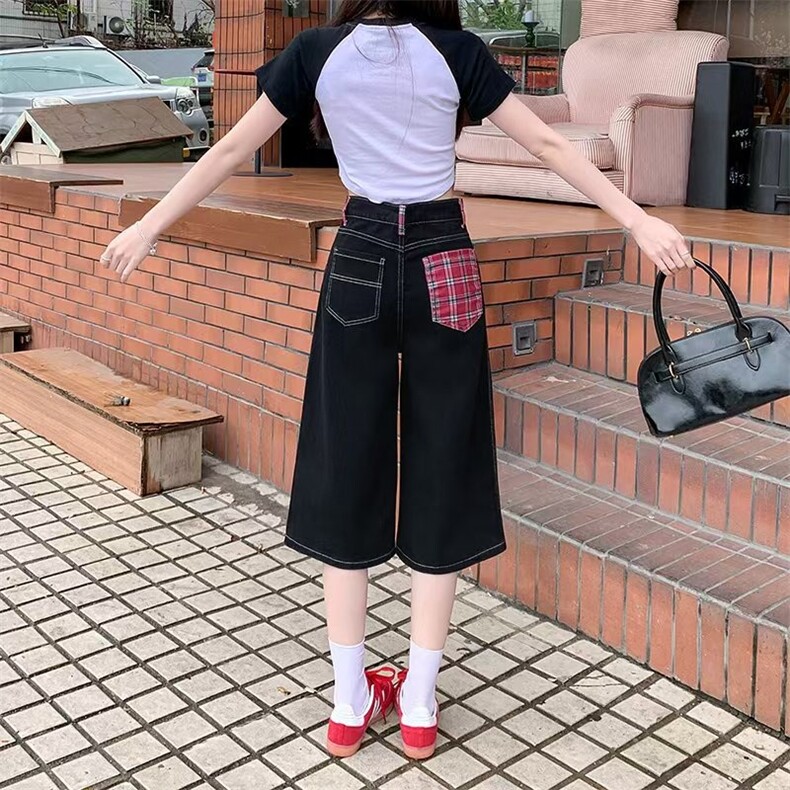 美式复古格子拼接牛仔裤七分裤女炸街宽松中裤黑色短裤,男装牛仔裤,星座1210-1