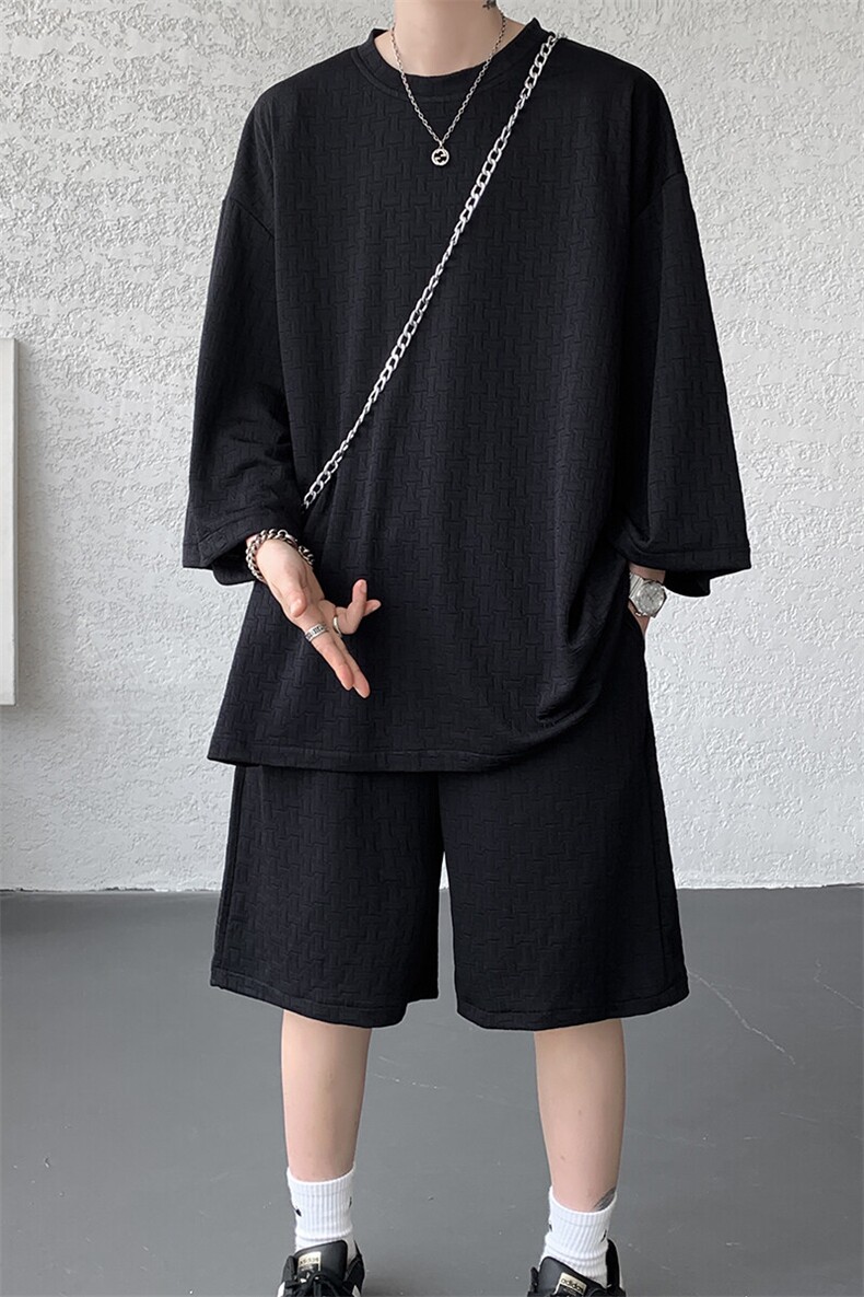 8XL-M高级感纹理短袖套装男夏季慵懒风T恤短裤两件套TZ108P78,男装牛仔裤,电商D206-1