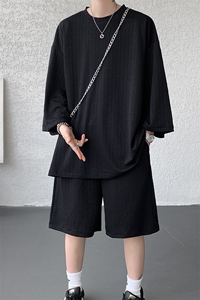 8XL-M 高级感纹理短袖套装男夏季慵懒风T恤短裤两件套TZ108P78图片