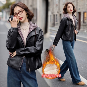 加绒皮衣外套女连帽格子拼接上衣2025冬季新款加厚毛皮夹克机车服图片