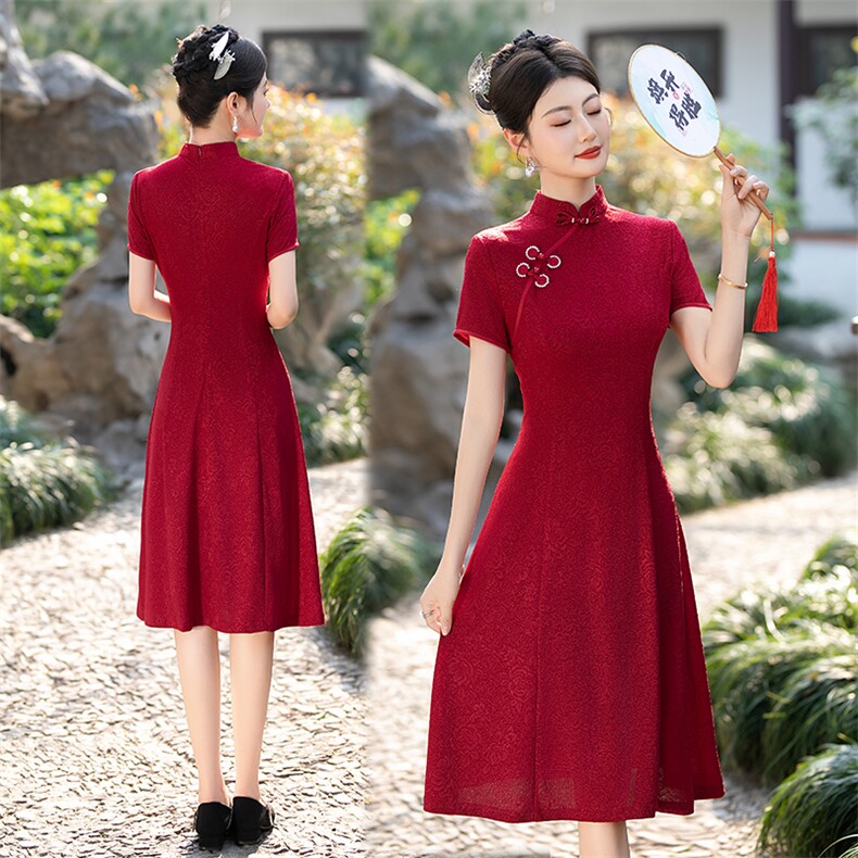 新中式风精致盘扣冰丝提花改良旗袍连衣裙（有弹力）2506P125,女装汉服/婚纱/旗袍/礼服,乐衣轩