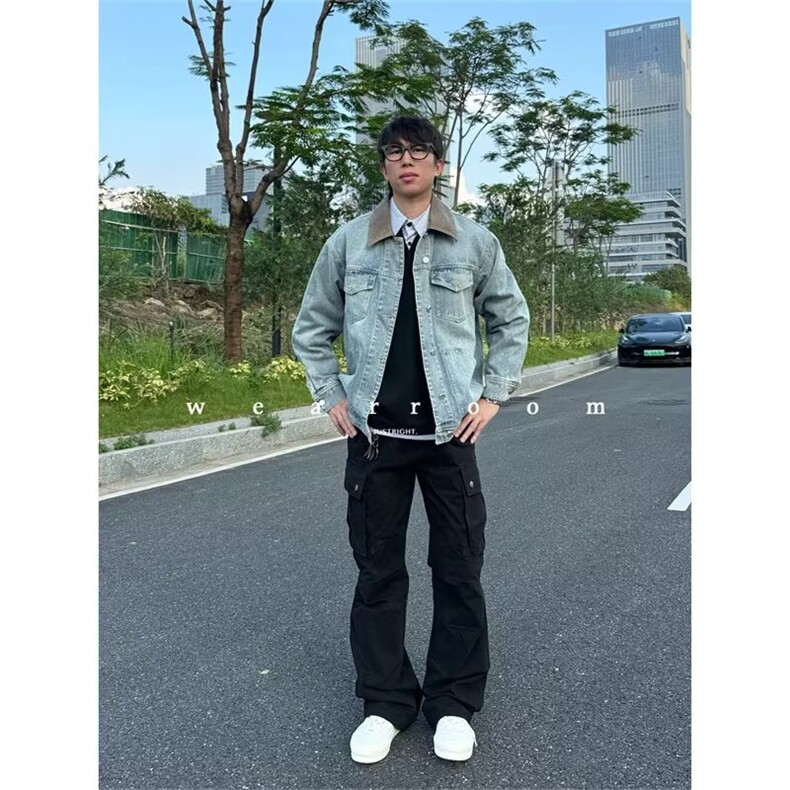 K2644-P64牛仔外套男2025春秋新款复古宽松翻领牛仔衣男士休闲,男装工装外套,电商B323A