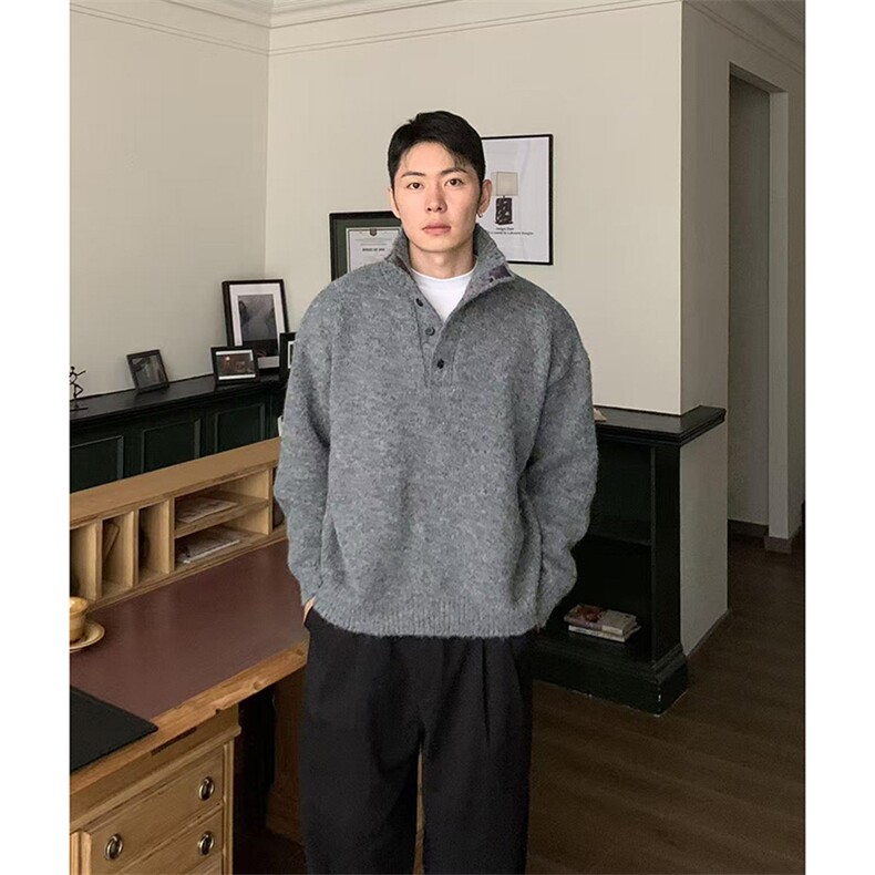 网图老钱风半高领毛衣男秋冬重磅800g纽扣针织衫外套-A2329TP68,男装针织衫/毛衣,电商B241