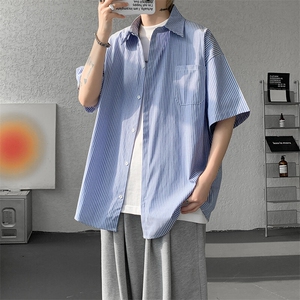 8XL-M 条纹短袖衬衫男夏季宽松慵懒风痞帅大码衬衣外套DC28001P40图片