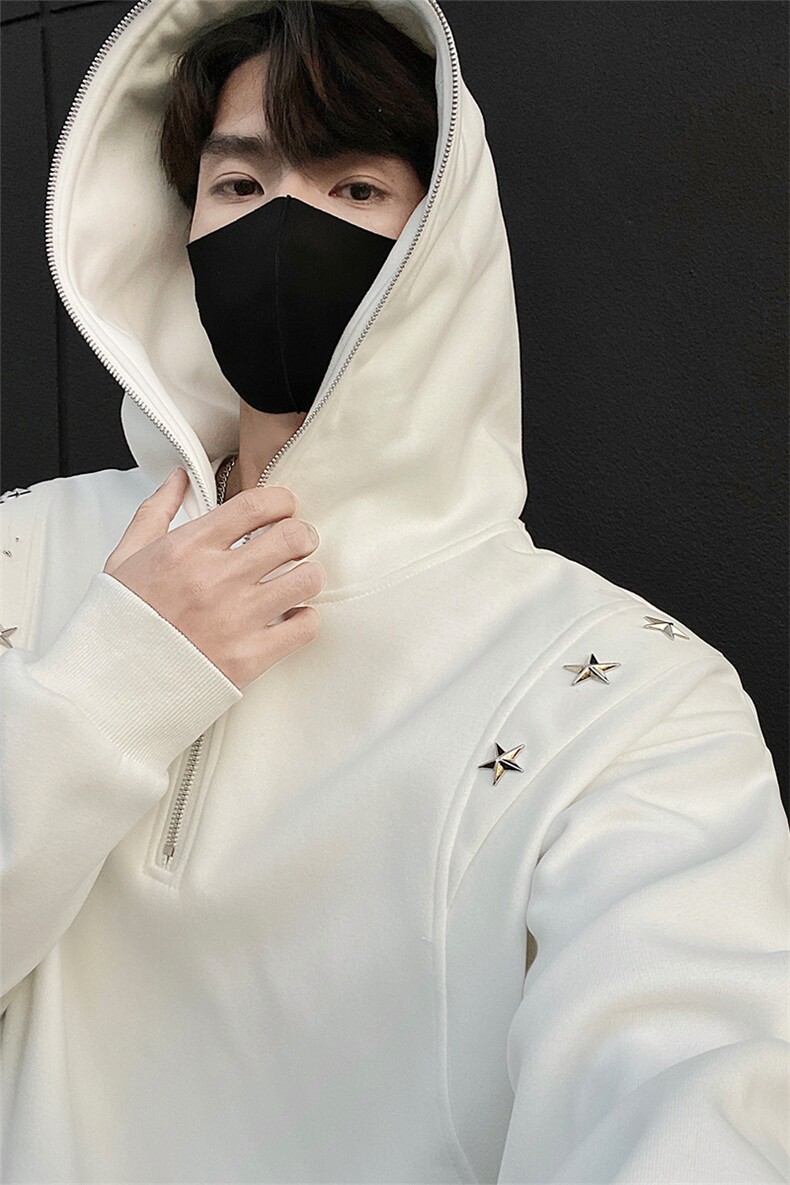 秋冬新款设计星星铆钉拉链未来感连帽卫衣常规p75加绒p85,男装卫衣,电商B319