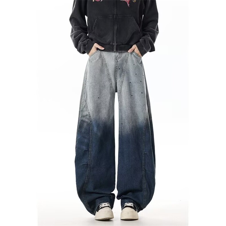 帛跃港风潮牌渐变泼墨弯刀牛仔裤嘻哈做旧扎染阔腿镰刀裤男，男装牛仔裤，四季星座505