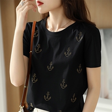 高支高密丝光棉t恤女25夏季新款烫钻短袖100纯棉修身显瘦上衣体恤，女装T恤，元素羊绒