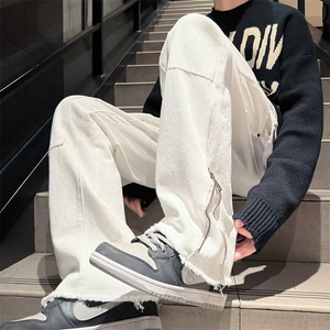 牛仔裤男秋冬美式潮牌高街vibe设计感拼接拉链牛仔裤N120P43图片