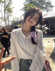 浪漫春夏~法式系带水溶棉花边领白衬衫别致温柔风衬衣，女装衬衫，湘姗