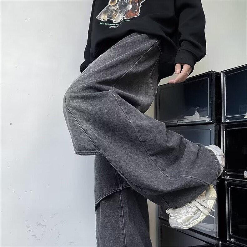 美式高街复古重工做旧水洗牛仔裤男解构拼接设计直筒阔腿长裤,男装牛仔裤,星座601-2