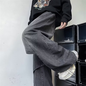美式高街复古重工做旧水洗牛仔裤男解构拼接设计直筒阔腿长裤图片
