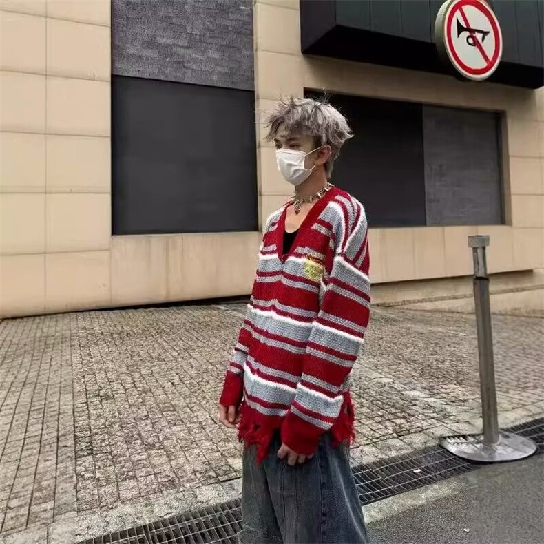 美式复古条纹情侣针织外套男宽松休闲拉链V领毛衣MY253-P55,男装针织衫/毛衣,星座208-5