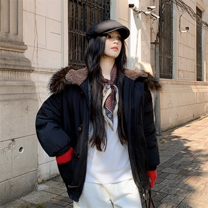A581-P128 2025冬季牛角扣大毛领连帽棉服外套中长款派克服图片