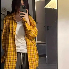 2025美式复古多巴胺黄色格子衬衫男女高街衬衣开衫长袖外套上衣，男装衬衫，星座506A