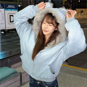 猫兔耳朵鹿皮绒毛领座山雕冬季加厚保暖学院风情侣棉衣外套女图片