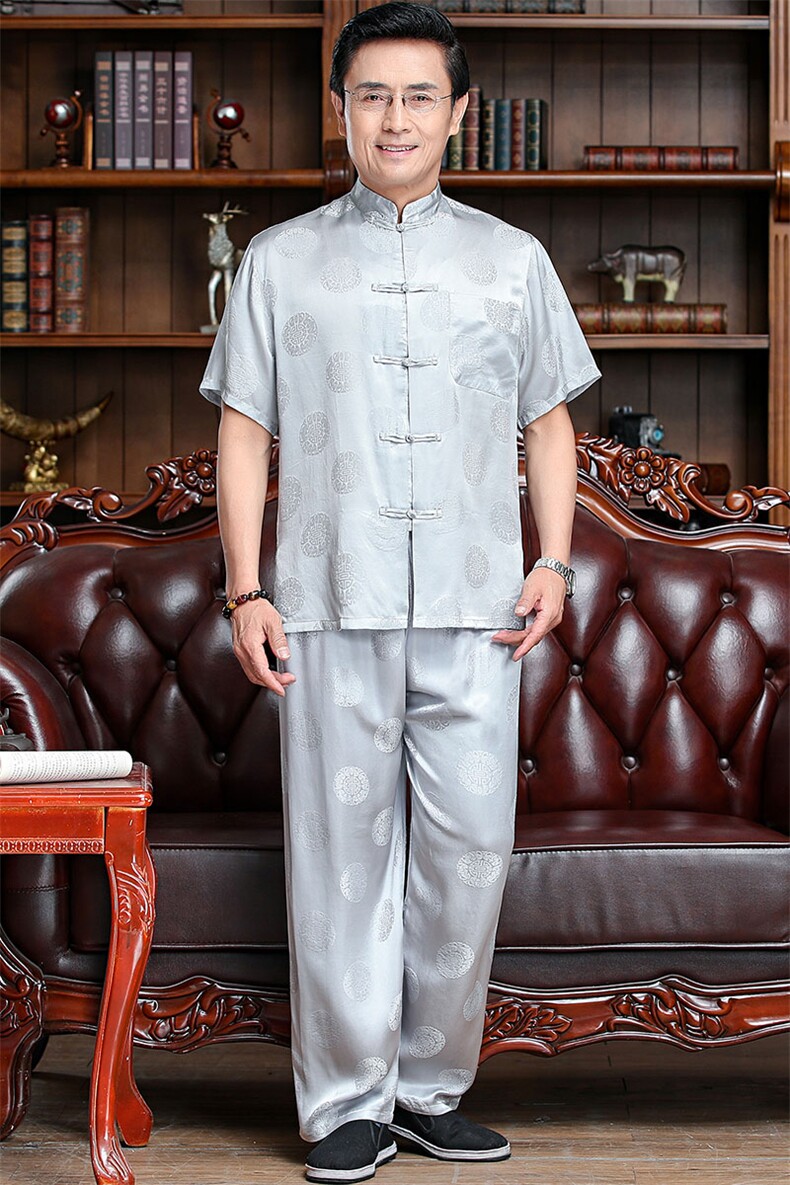 男士中老年短袖长裤两件套夏季宽松大码套装生日服,男装休闲套装,钱塘6003B