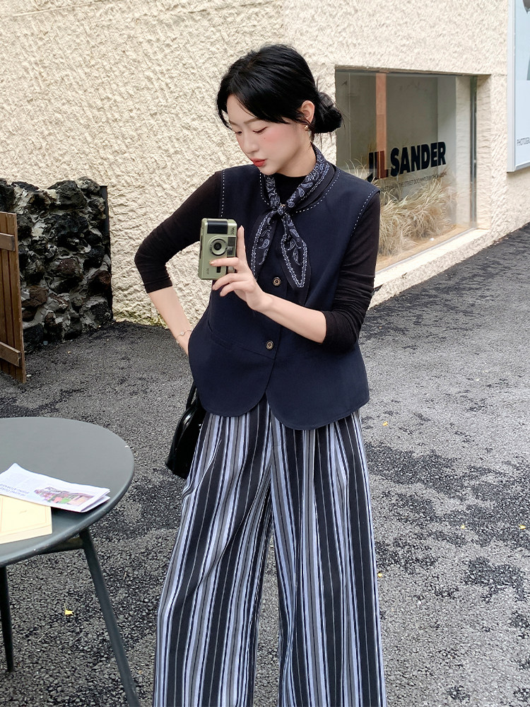 韩系通勤风马甲套装女2025秋新款时尚气质高级感条纹阔腿裤两件套,女装运动套装,浙宝285（原212）