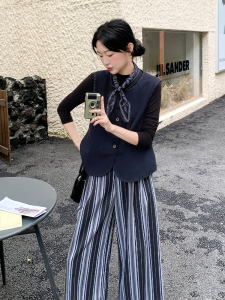 韩系通勤风马甲套装女2025秋新款时尚气质高级感条纹阔腿裤两件套图片