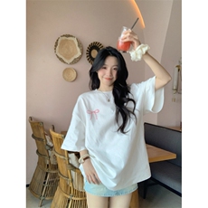 H0586-P35索罗娜罗口领短袖T恤夏季设计感蝴蝶结印花，女装T恤，星座617A-2