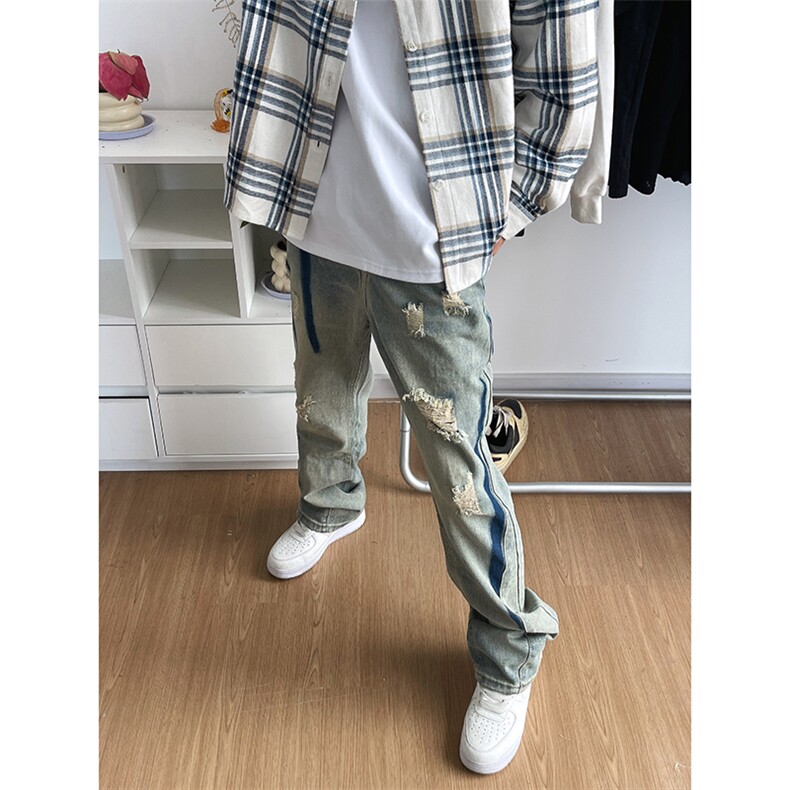 B221美式ins高街小众个性男女破洞牛仔裤LK23001-P65控88,男装牛仔裤,电商B221