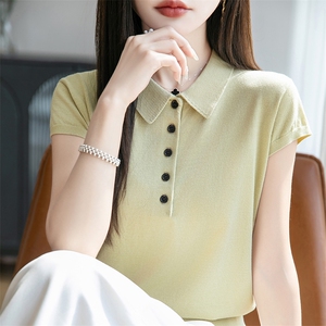 经典翻领扣子POLO衫小飞袖T恤女2025夏季新款气质复古针织短袖t恤图片