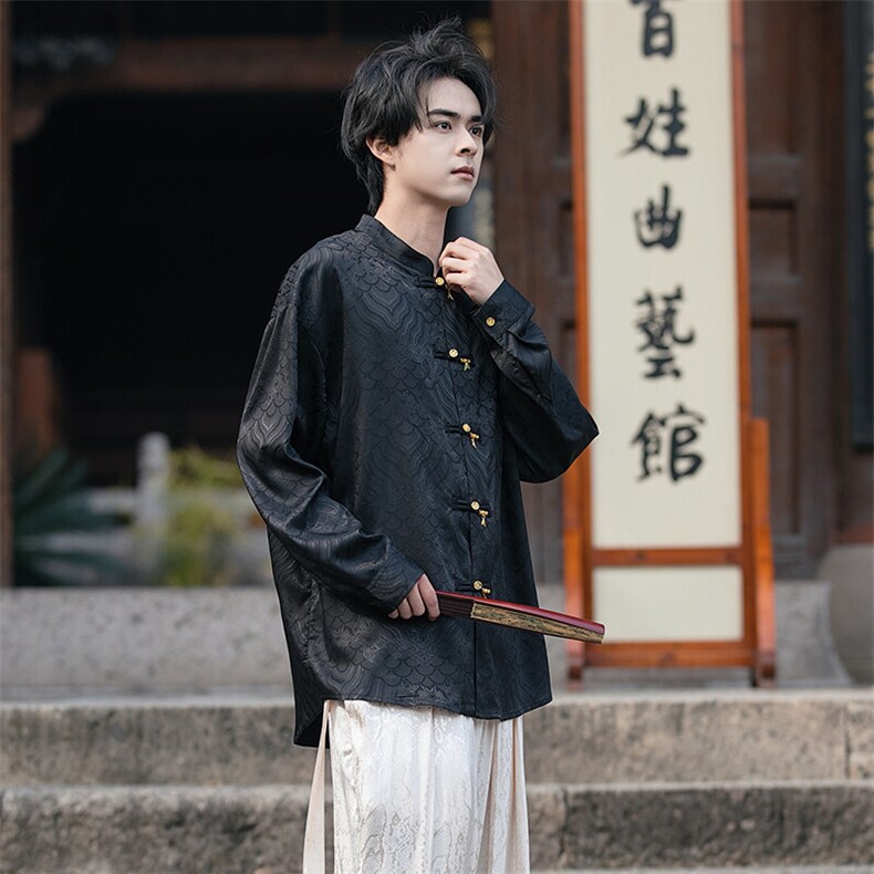 新中式缎面海水江崖（竹福）系列铜竹叶铜扣盘扣立领宽松长袖衬衫,男装衬衫,星座305A（原312A-1）