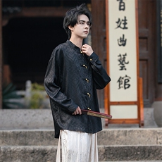 新中式缎面海水江崖（竹福）系列铜竹叶铜扣盘扣立领宽松长袖衬衫，男装衬衫，星座305A（原312A-1）