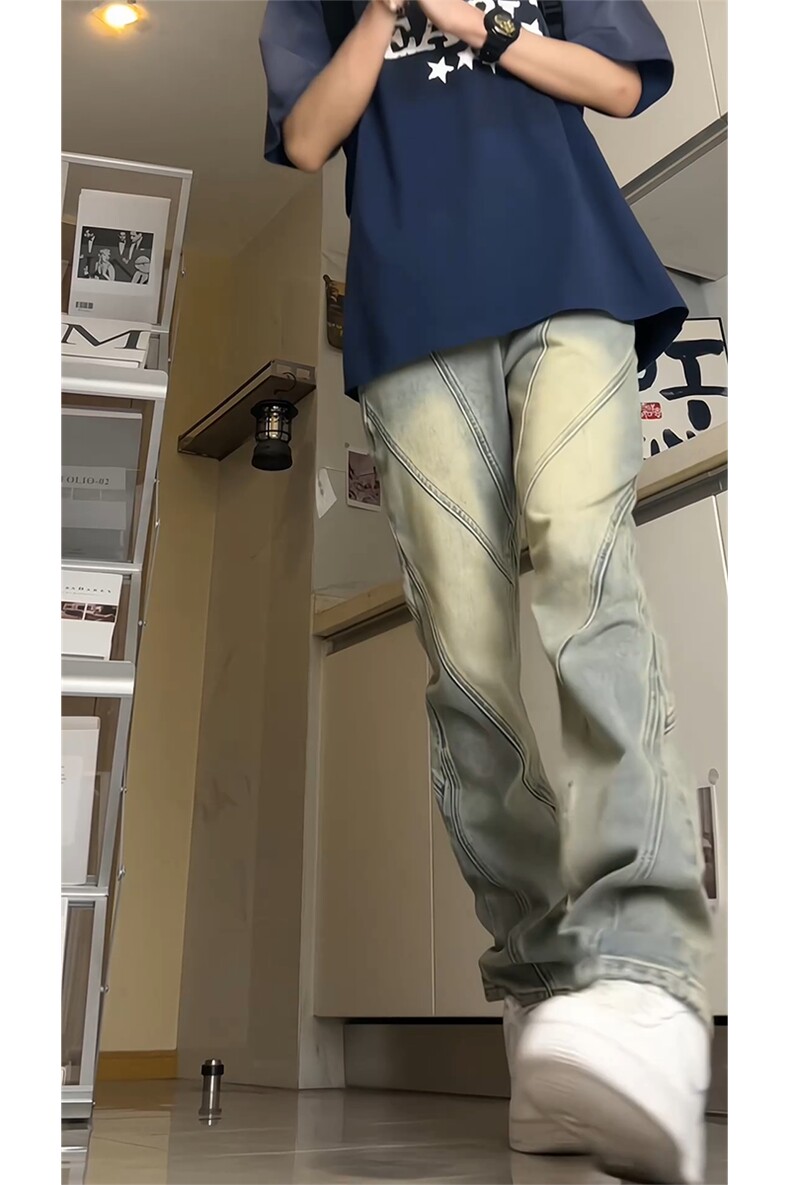 美式高街小众分割设计直筒做旧微喇牛仔裤A440P55控78,男装牛仔裤,电商A309