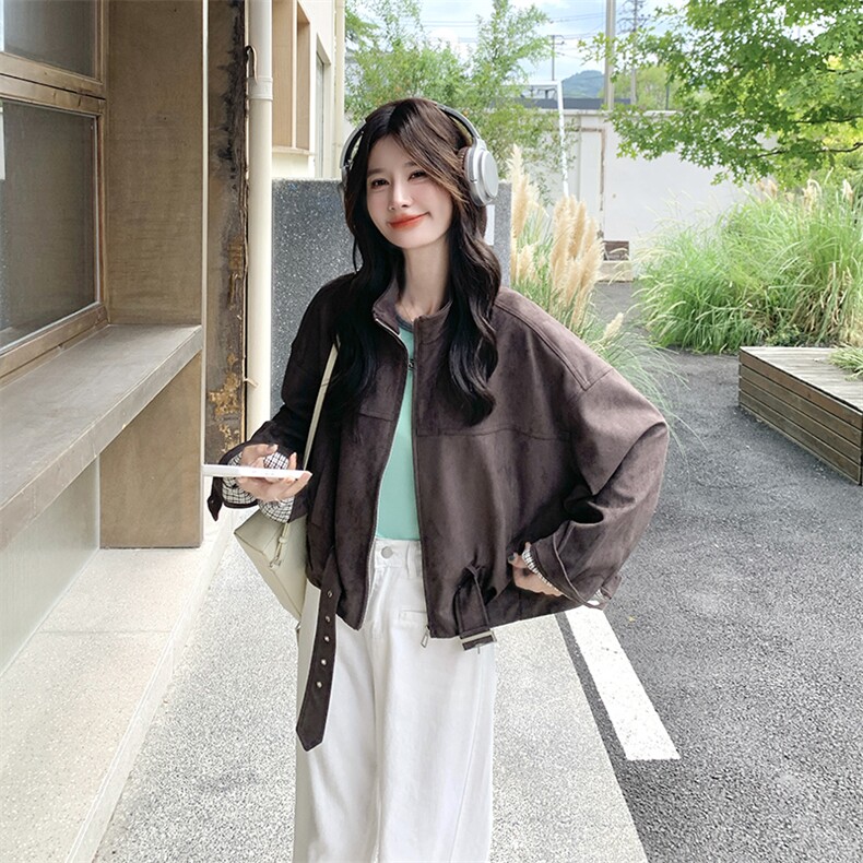 咖色麂皮绒韩系慵懒松弛感短外套女秋季2025新款又酷又飒炸街夹克,女装短外套,浙宝276（原081）