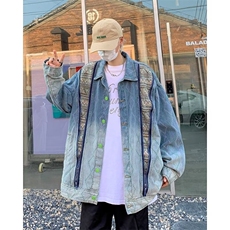 潮牌vintage水洗翻领情侣外套男女设计感oversize牛仔夹克~NT101，男装夹克，星座601-2