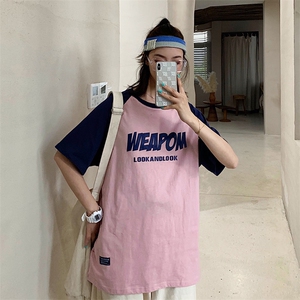 2021夏装新款 ins撞色字母印花情侣男女中性宽松班服T恤衫D70图片