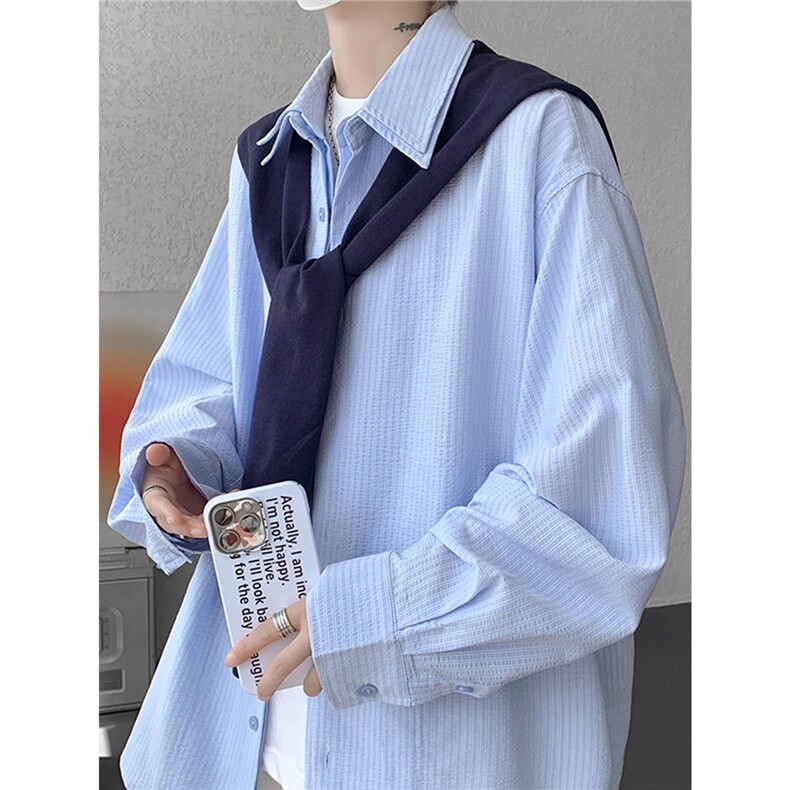 BN33-P75学院风长袖衬衫男针织披肩假两件蓝色衬衣秋季设计感，男装T恤，电商B323A