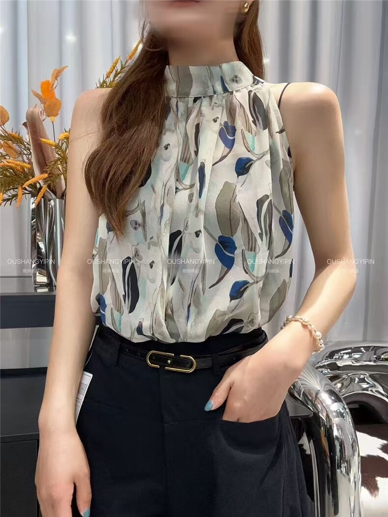欧货印花系带度假风无袖上衣时尚百搭,女装T恤,东正羊绒