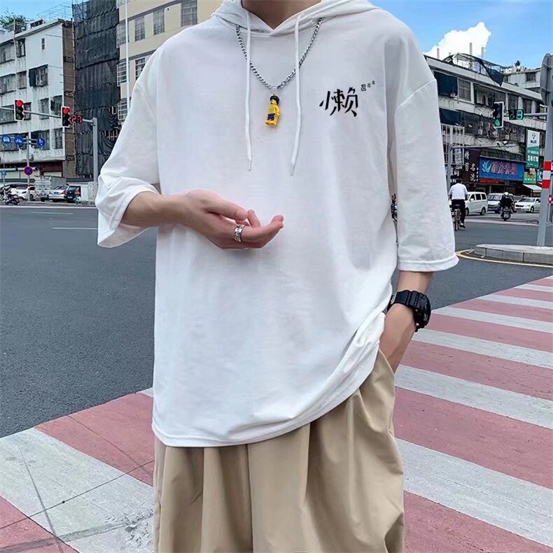 男连帽五分袖T恤宽松短袖T59P25图片