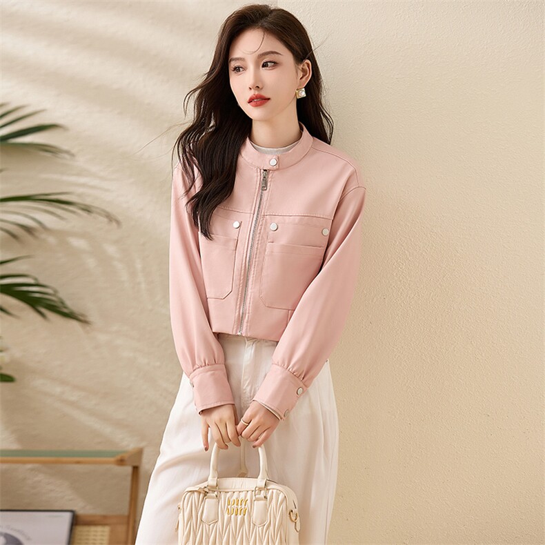 现货复古短款皮衣外套女2024春秋新款PU皮机车服秋季女式皮夹克,女装皮衣,江南女神