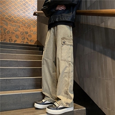 卡其色cleanfit牛仔裤男款春秋季美式复古水洗直筒宽松阔腿长裤子，男装休闲裤，电商B315