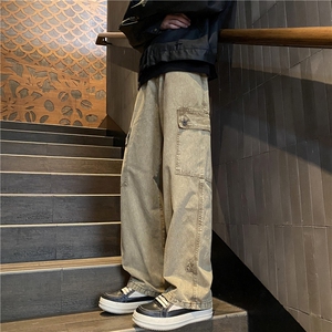 卡其色cleanfit牛仔裤男款春秋季美式复古水洗直筒宽松阔腿长裤子图片