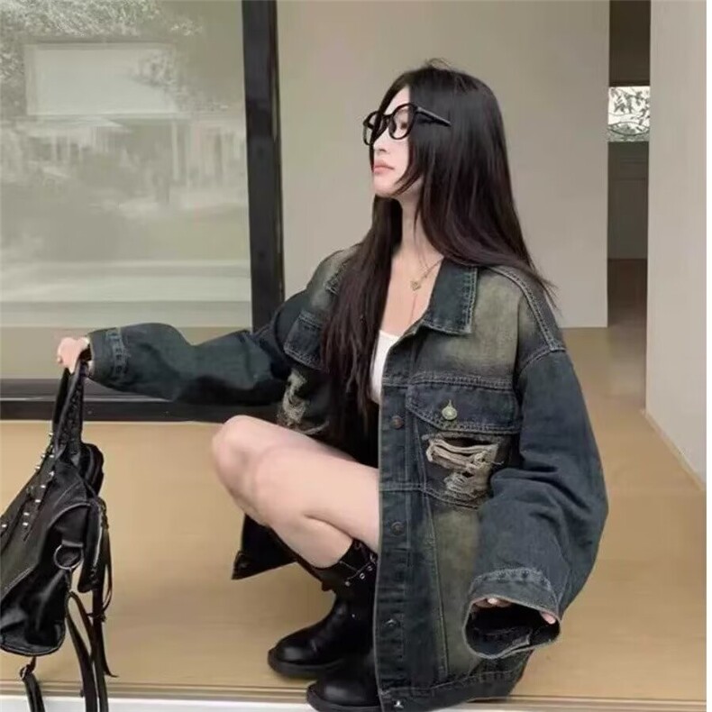 G8839-P65做旧复古毛边圆领牛仔外套女2025春季新款设计感小众,男装工装外套,电商B323A