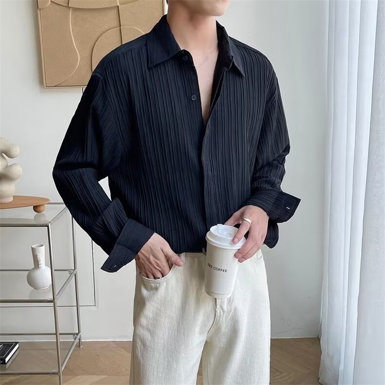 韩版宽松褶皱感长袖衬衫男士秋季潮流高级感痞帅休闲免烫衬衣 C25图片