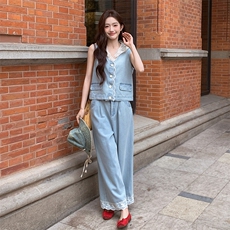 蕾丝拼接薄款牛仔马甲时尚套装女夏新款时尚洋气休闲九分裤两件套，女装套装/套裙，2C122