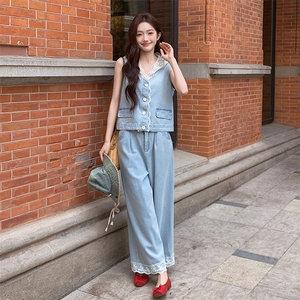 蕾丝拼接薄款牛仔马甲时尚套装女夏新款时尚洋气休闲九分裤两件套图片