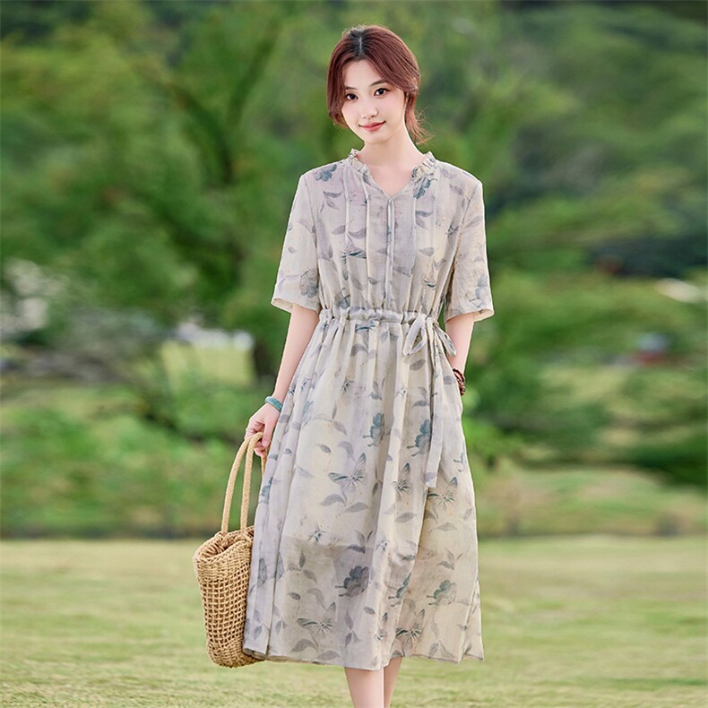 2026年夏季大摆型短袖苎麻文艺/优雅连衣裙,女装连衣裙,江南依恋