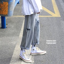 新款牛仔裤男潮流宽松直筒韩版潮牌百搭港风破洞老爹裤CK653-P35图片