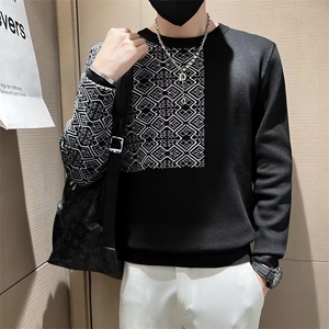 圆领慵懒风提花修身男士套头长袖针织衫撞色休闲简约毛衣S520图片
