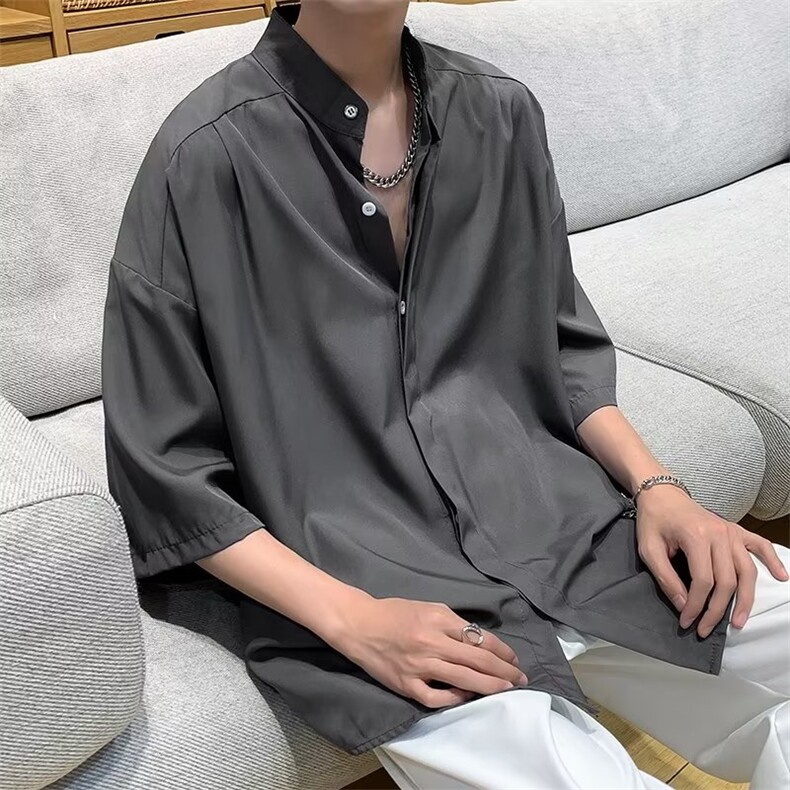 衬衫男短袖立领高级感垂感灰色冰丝衬衣七分袖CS300P35,男装衬衫,星座410-2