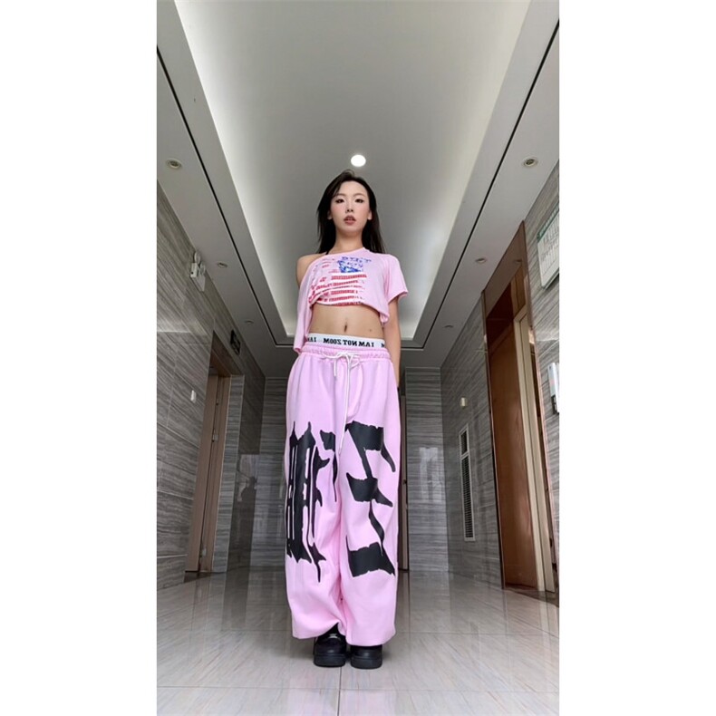 超火设计感双腰头字母印花重磅卫裤女秋季美式辣妹爵士舞运动长裤,男装休闲裤,星座506A